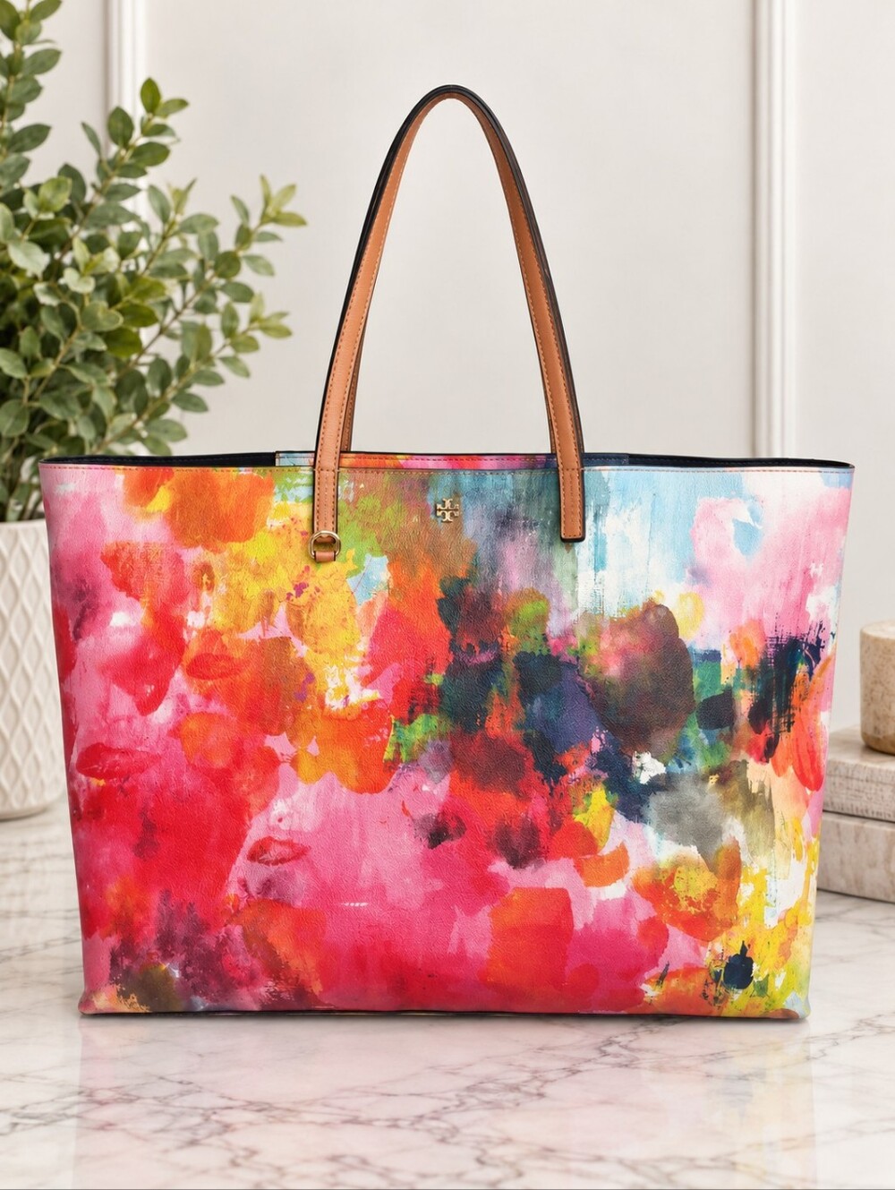 Tory Burch Kerrington Watercolor Floral Large Tote Shoulder Bag EUC